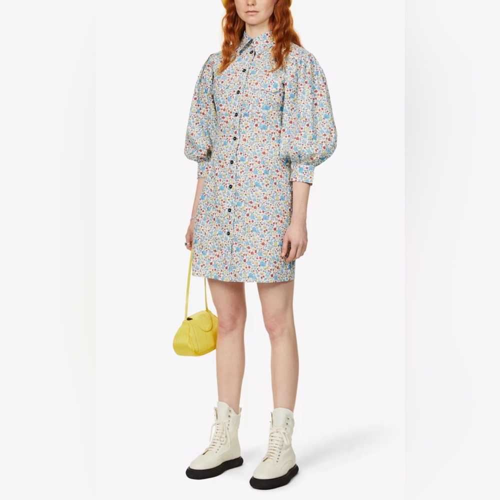 GANNI floral organic cotton puff-sleeve button-front mini dress - Picture 16 of 17